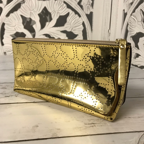 Kate Spade Cosmetic Makeup Bag Little Shiloh Metro Spade Gold Shimmer - Picture 6 of 9